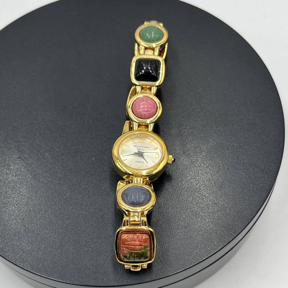 Marcel Drucker Signature multi-stone Gemstone Carved Scarab Watch New Battery
